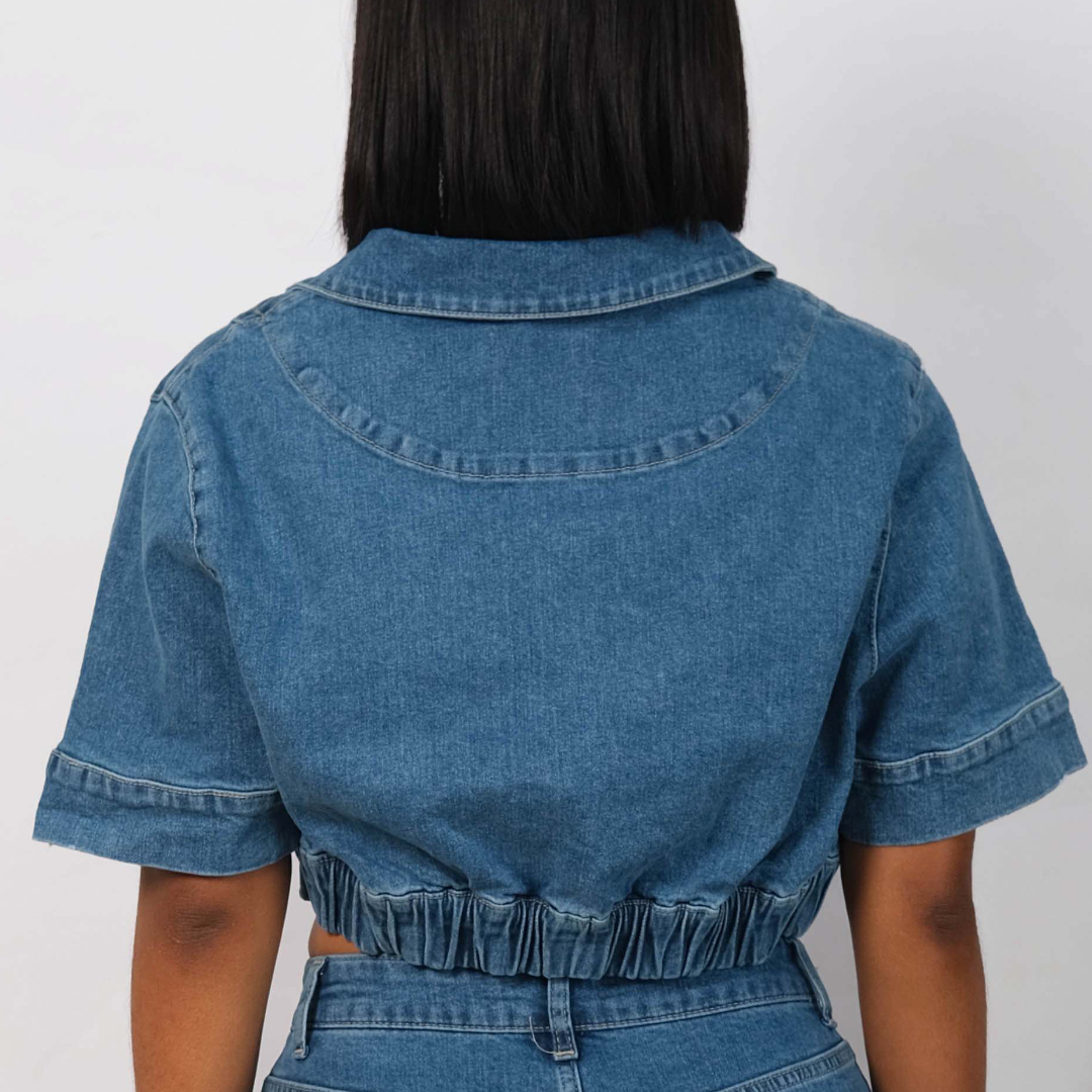 Cropped Denim V-Neck Top - Image 2