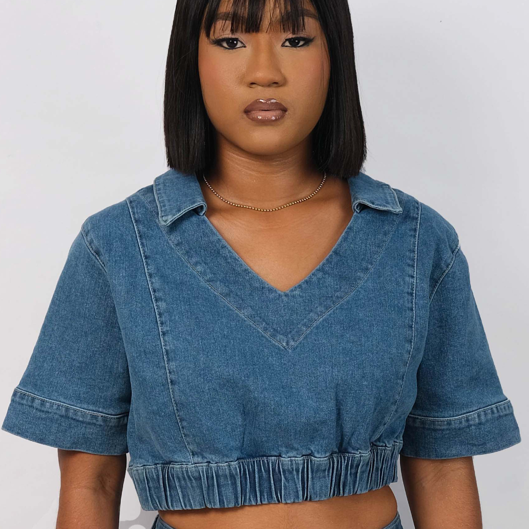 Cropped Denim V-Neck Top