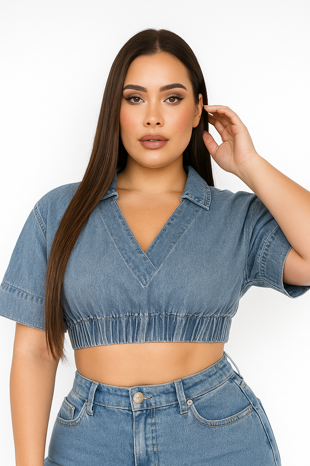 Cropped Denim V-Neck Shirt