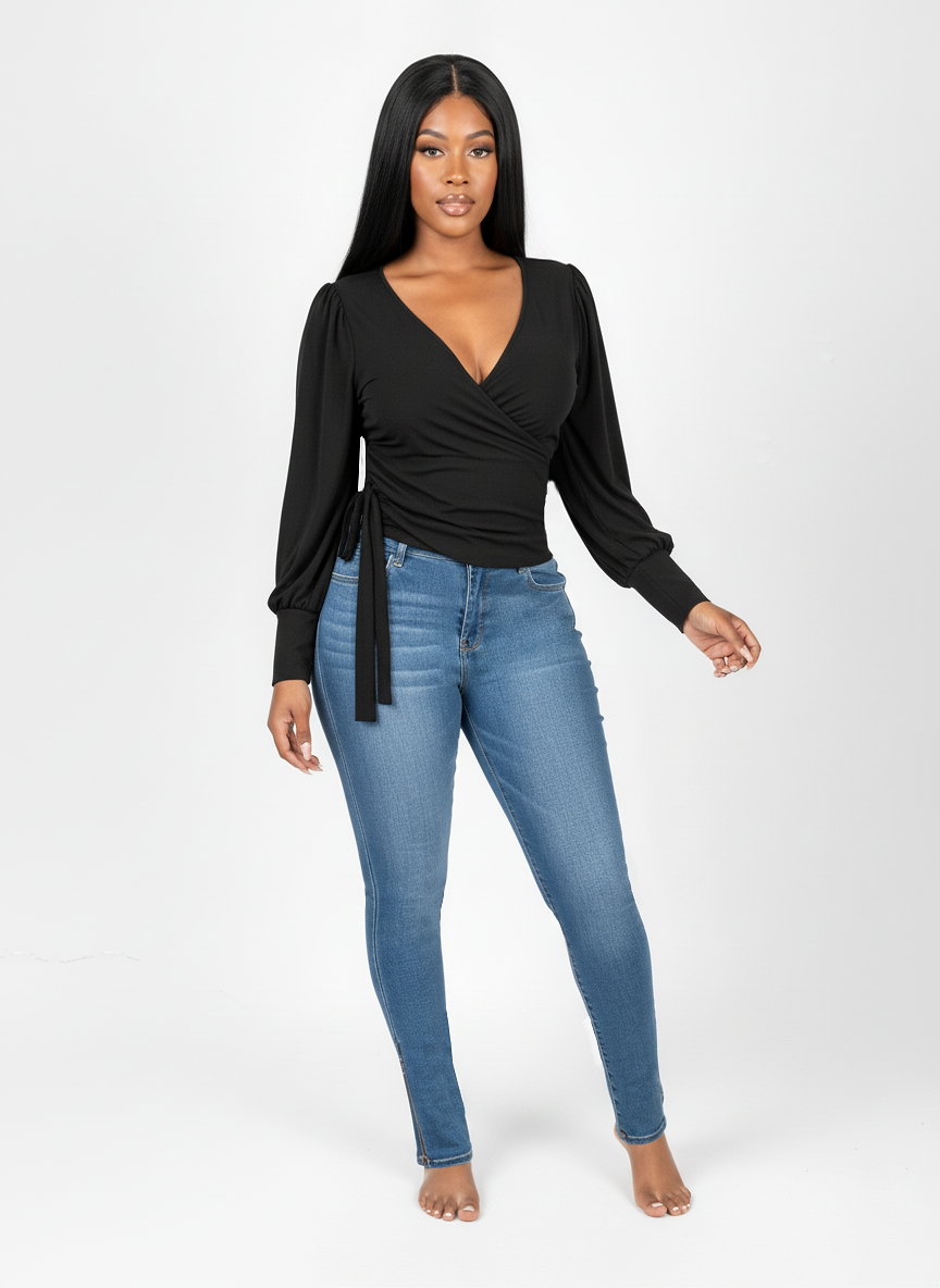 Balloon Sleeve Wrap Blouse Black